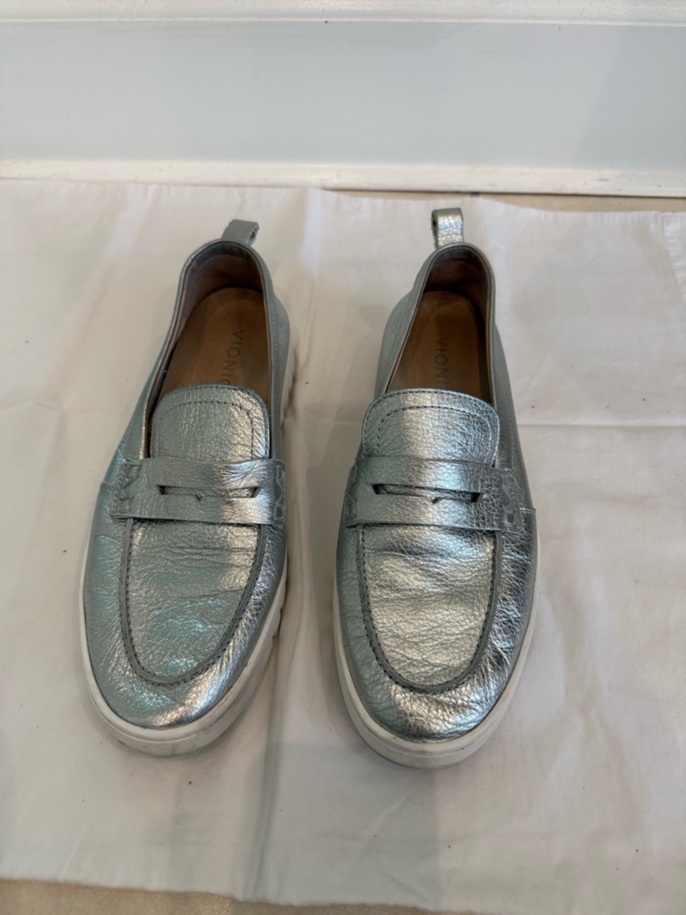 Vionic Metallic Silver Penny Slip-On Loafers for Men